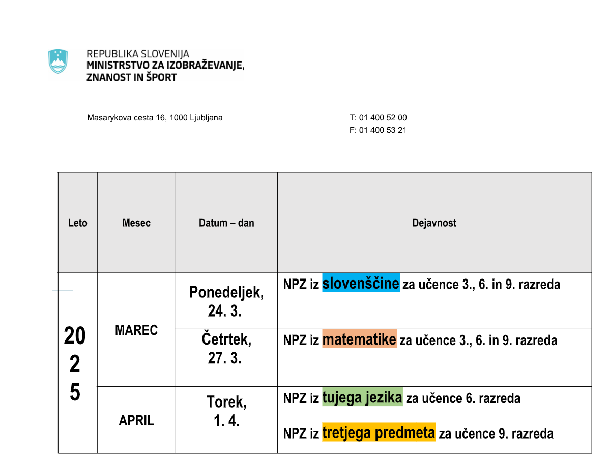 Fotografija koledarja preverjanj NPZ